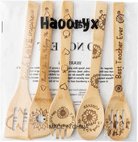 Haooryx 5Pcs Teacher Appreciation Sunflower Theme Bamboo Spoons Utensil Set, Non-Stick Carve Burned Bamboo Cookware Kitchen Gadget Kit for Teacher Appreciation Gift Teachers Day Back to School Present