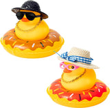 Haooryx 2 Pack Car Rubber Duck Car Duck Decorations Dashboard Car Ornaments, Novelty Squeeze Duckies with Mini Swim Ring Necklace Glasses Straw Hat Squeak Toys Gift for Girls Women (Straw Hat CP)