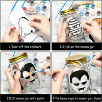 Haooryx 21Pcs DIY Halloween Mason Jar Sticker Set, DIY Your Own Mason Jar Art Craft Kit Sticker Pigment Paintbrush Hemp Rope for Halloween Party Home Decorations Classroom DIY Art Project Kids Gift