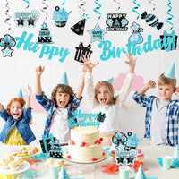 Haooryx 42Pcs Teal Birthday Party Decoration Kit, Teal Silver Black and Blue Happy Birthday Banner Hanging Swirls Cake Topper Table Centerpiece Stick for Boys Girls Adult Birthday Party Decor Supplies