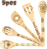 Haooryx 5Pcs Teacher Appreciation Sunflower Theme Bamboo Spoons Utensil Set, Non-Stick Carve Burned Bamboo Cookware Kitchen Gadget Kit for Teacher Appreciation Gift Teachers Day Back to School Present