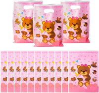 Haooryx 50pcs Pink Bear Party Favor Bags Girls Birthday Party Goodie Bag Plastic Candy Bags Bear Goody Gift Bag Gift Accessories Treat Bags for Kid Bear Theme Birthday Baby Shower Decorations