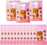 Haooryx 50pcs Pink Bear Party Favor Bags Girls Birthday Party Goodie Bag Plastic Candy Bags Bear Goody Gift Bag Gift Accessories Treat Bags for Kid Bear Theme Birthday Baby Shower Decorations