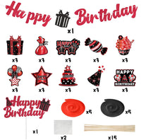 Haooryx 42Pcs Birthday Party Decoration Kit, Red and Black Happy Birthday Banner Hanging Swirls Cake Topper Table Centerpiece Stick for Men Women Boys Girls Birthday Party Decor Supplies Photo Booth