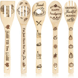 Haooryx 5Pcs Thanksgiving Wooden Spoons Utensil Set, Fall Autumn Friendsgiving Theme Kitchen Burned Bamboo Cookware Gadget Kit Cooking Non-stick Carve Utensils for Family Friends Funny Kitchen