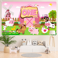 Haooryx Farm Animals ONE First Birthday Backdrop Banner, Pink Barnyard Animal Photography Background Barn Party Decoration Supplies for One Year Old Baby Girls 1st Birthday Baby Shower, 5.9x3.6 ft