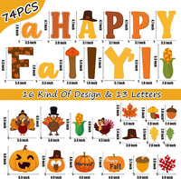 Haooryx 74PCS Happy Fall Yall Bulletin Board Borders Turkey Pumpkin Cartoon Paper Borders Cut Outs Trims for Autumn Thanksgiving Theme School Classroom Chalkboard Blackboard Party Supplies Decorations