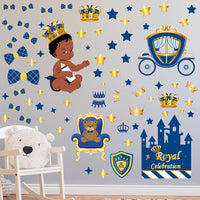 Haooryx 72Pcs Royal Prince Wall Decals Sticker, Royal Blue Vinyl Decal Wall Stickers African American Little Prince Boy Baby Shower Birthday Party Decoration Supplies Waterproof Nursery Wall Art Decor