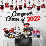 Haooryx 42Pcs 2022 Graduation Party Decoration Kit, Red and Black Congrats Class of 2022 Banner Hanging Swirl Cake Topper Decor Table Centerpieces for 2022 Congratulate Graduation Party Decor Supplies