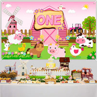 Haooryx Farm Animals ONE First Birthday Backdrop Banner, Pink Barnyard Animal Photography Background Barn Party Decoration Supplies for One Year Old Baby Girls 1st Birthday Baby Shower, 5.9x3.6 ft