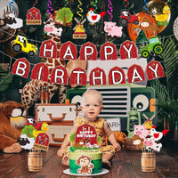 Haooryx 42pcs Farm Animals Birthday Decorations Supplies, Farm Barn Happy Birthday Banner Hanging Swirls Table Centerpieces Cake Toppers Decor Kit for Kids Barnyard Animals Theme Party