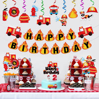 Haooryx 42pcs Fire Truck Birthday Decoration Supplies Kit, Fire Happy Birthday Banner Fireman Hanging Swirls Cake Topper Centerpieces Sticks for Kids Firefighter Theme Party Baby Shower Photo Props …