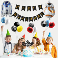 HAOORYX 35PCS Galaxy Wars Birthday Party Favor Supplies for Kids, Black Series Birthday Banner Vader Cake Topper Decoration 12 inch Latex Balloons War Lightsaber BB8 Robot Aluminum Foil balloons