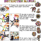 Haooryx 9Pcs Halloween Tissue Paper Suncatcher for Kids Pre-Cut Pumpkin Spider Web Witch Hat Cards DIY Window Art Crafts Stained Glass Effect Paper Sun Catcher for Halloween Party Game Favor