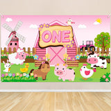 Haooryx Farm Animals ONE First Birthday Backdrop Banner, Pink Barnyard Animal Photography Background Barn Party Decoration Supplies for One Year Old Baby Girls 1st Birthday Baby Shower, 5.9x3.6 ft