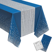 Haooryx 2Pcs Navy Blue and Silver Table Cloth Table Runner Set, Plastic Waterproof Rectangle Dots Table Cover Silver Sequin Table Runner for Birthday Wedding Anniversary Baby Shower Party Supplies