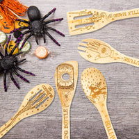 Haooryx 5PCS Halloween Wooden Bamboo Spoons Set Witch Magic Wood Burned Spatulas with 3D Embossing Bamboo Spatulas Cooking Spoon for Halloween Party House Kitchen Gadgets Women Warming Gifts Supplies