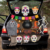 Haooryx 23Pcs Trunk Or Treat Skull Day of Dead Decoration Kit, Mexican Day of The Dead Trunk or Treat Car Archway Garage Decor Dia de Los Muertos Skull Skeleton Halloween Car Decorations Exterior