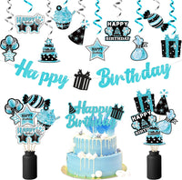 Haooryx 42Pcs Teal Birthday Party Decoration Kit, Teal Silver Black and Blue Happy Birthday Banner Hanging Swirls Cake Topper Table Centerpiece Stick for Boys Girls Adult Birthday Party Decor Supplies