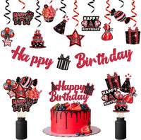 Haooryx 42Pcs Birthday Party Decoration Kit, Red and Black Happy Birthday Banner Hanging Swirls Cake Topper Table Centerpiece Stick for Men Women Boys Girls Birthday Party Decor Supplies Photo Booth