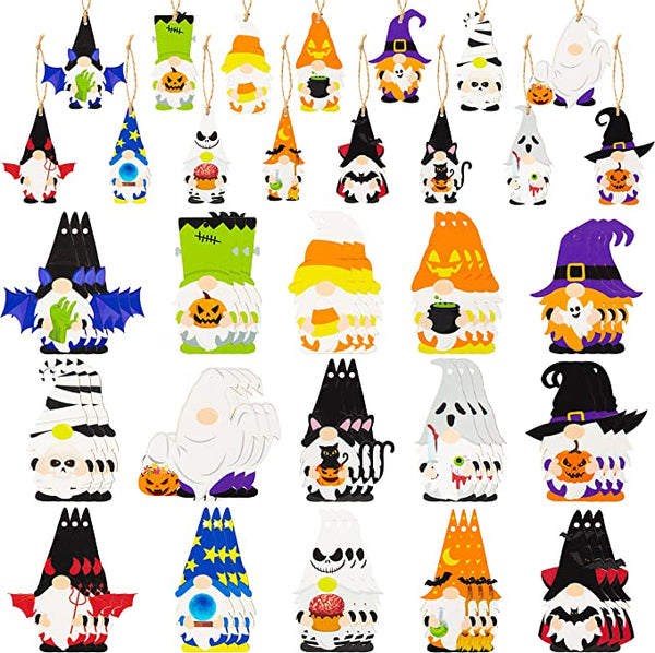 Haooryx 46PCS Halloween Wood Gnomes Ornaments Colorful Wooden Halloween Eva Pumpkin Ghost Witch Spider Hanging Pendent Gift Tag Decor for Holiday Home Farmhouse Tree Decorations Party Favor Supplies