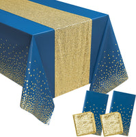 Haooryx 4Pcs Navy Blue and Gold Table Cloth Table Runner Set, Rectangle Dot Table Cover Waterproof Tablecloth Confetti Gold Table Runner for Birthday Wedding Anniversary Baby Shower Party Supplies