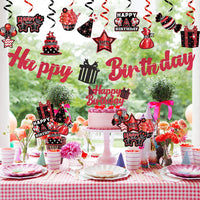 Haooryx 42Pcs Birthday Party Decoration Kit, Red and Black Happy Birthday Banner Hanging Swirls Cake Topper Table Centerpiece Stick for Men Women Boys Girls Birthday Party Decor Supplies Photo Booth