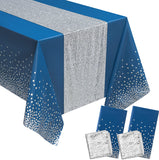 Haooryx 4Pcs Navy Blue and Silver Table Cloth Table Runner Set, Waterproof Dots Table Cover Silver Sequin Table Runner for Rectangle Table Birthday Wedding Anniversary Baby Shower Party Supplies