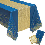 Haooryx 2Pcs Navy Blue and Gold Table Cloth Table Runner Set, Rectangle Dot Table Cover Waterproof Tablecloth Confetti Gold Table Runner for Birthday Wedding Anniversary Baby Shower Party Supplies