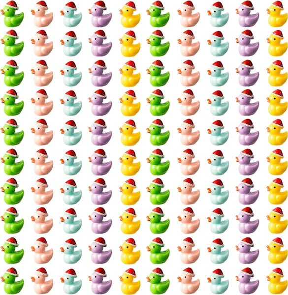 Haooryx 100Pcs Christmas Mini Resin Ducks Miniature Christmas Hat Duck Figures Colorful Tiny Duck Ornaments Micro Landscape Fairy Garden Aquarium Dollhouse Accessories for Xmas Birthday Party Decor