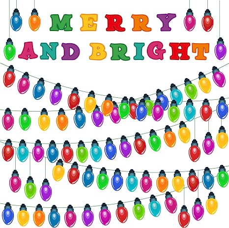 Haooryx 105Pcs Christmas Light Banner Bulletin Board Set Colorful Bulb Patterned Paper Cut-Outs Blackboard Border Nametag Decoration for Christmas Party Home School Classroom Whiteboard Window Decor