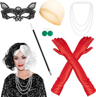 Haooryx 9Pcs Black White Curly Wigs Halloween Costume Set, Short Wavy Wig with Cap Long Red Glove Lace Eye Mask Pearl Necklace Long C-Holder and Vintage Green Earrings for Girls Cosplay Party Supplies