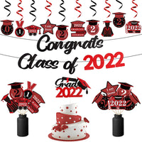 Haooryx 42Pcs 2022 Graduation Party Decoration Kit, Red and Black Congrats Class of 2022 Banner Hanging Swirl Cake Topper Decor Table Centerpieces for 2022 Congratulate Graduation Party Decor Supplies