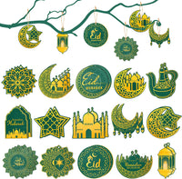 Haooryx 31PCS Eid Mubarak Hanging Decorations Ramadan Mubarak Wooden Ornaments Ramadan Kareem Moon Star Shape Wood Slice Pendant for Eid Al-fitr Party Festival Tree Wall Home Decor Supply(Green)