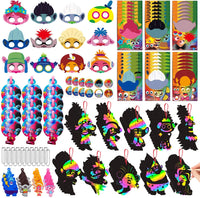 HAOORYX Trolls party Supplies Set, Funny Trolls Themed Party Game Accessories for Kids, Including Trolls Party Masks Make A Face Stickers Scratch Cards Key chains Blowing Dragon Cute Stickers, 168pcs